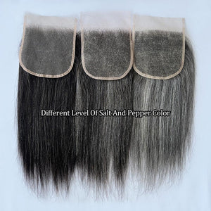 Salt And Pepper Straight 5"x5" Swiss Lace Closure Human Hair Silver Grey Top Hair Pieces - Wigtrends