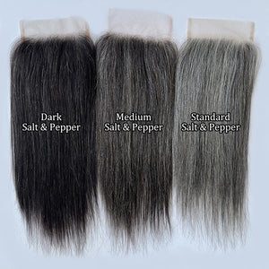 Salt And Pepper Straight 5"x5" Swiss Lace Closure Human Hair Silver Grey Top Hair Pieces - Wigtrends