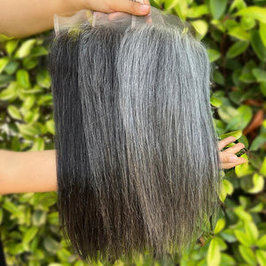 Salt And Pepper Straight 5"x5" Swiss Lace Closure Human Hair Silver Grey Top Hair Pieces - Wigtrends