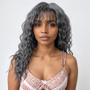 Salt And Pepper Wavy Curly Wig with Bangs 100% Human Hair Wigs Ready & Go - Wigtrends
