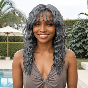 Salt And Pepper Wavy Curly Wig with Bangs 100% Human Hair Wigs Ready & Go - Wigtrends