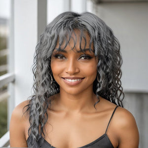 Salt And Pepper Wavy Curly Wig with Bangs 100% Human Hair Wigs Ready & Go - Wigtrends