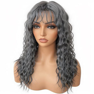 Salt And Pepper Wavy Curly Wig with Bangs 100% Human Hair Wigs Ready & Go - Wigtrends