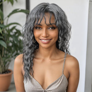 Salt And Pepper Wavy Curly Wig with Bangs 100% Human Hair Wigs Ready & Go - Wigtrends