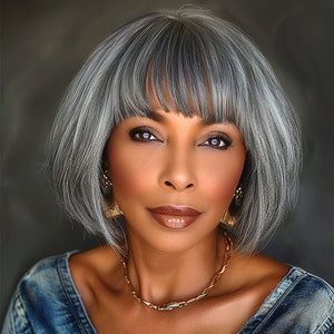 Salt & Pepper Short Straight Bob Wig With Bangs Real Human Hair Glueless Wigs For Seniors - Wigtrends