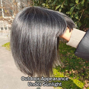 Salt & Pepper Short Straight Bob Wig With Bangs Real Human Hair Glueless Wigs For Seniors - Wigtrends