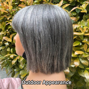 Salt & Pepper Short Straight Bob Wig With Bangs Real Human Hair Glueless Wigs For Seniors - Wigtrends
