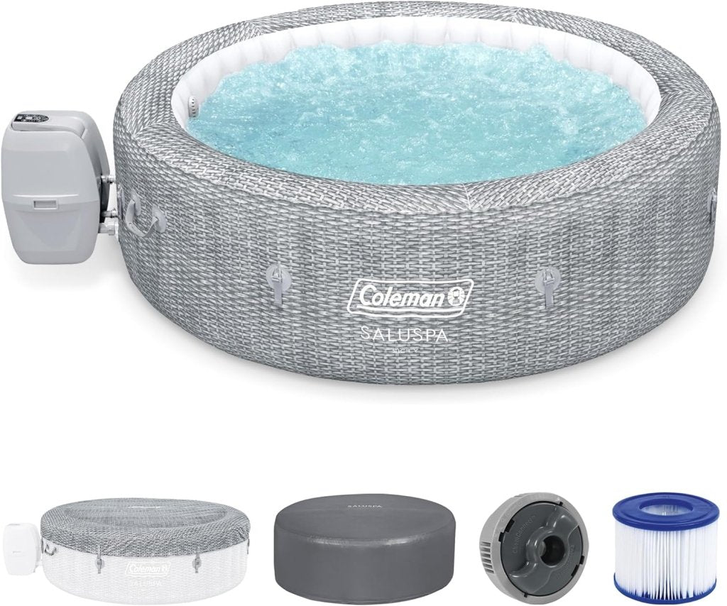 SaluSpa Sicily AirJet 7 Person Inflatable Hot Tub Round Portable Outdoor Spa with 180 Soothing AirJets and Insulated Cover, Gray - Wigtrends