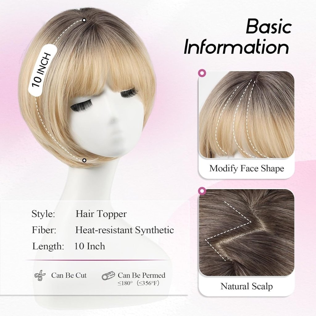 Short Bob Human hair Pieces with Bangs Side Part Hair Toppers for Women with Thinning Hair - Wigtrends