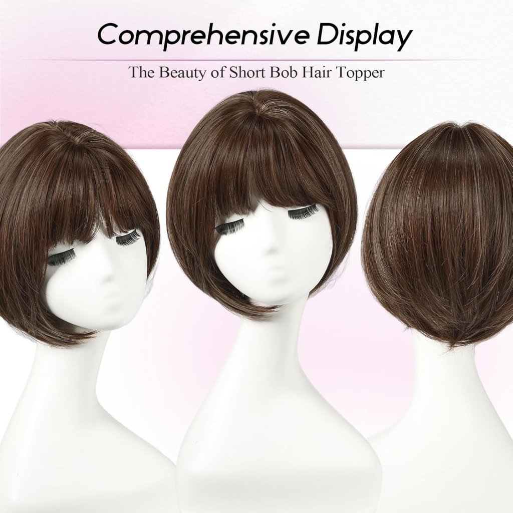 Short Bob Human hair Pieces with Bangs Side Part Hair Toppers for Women with Thinning Hair - Wigtrends