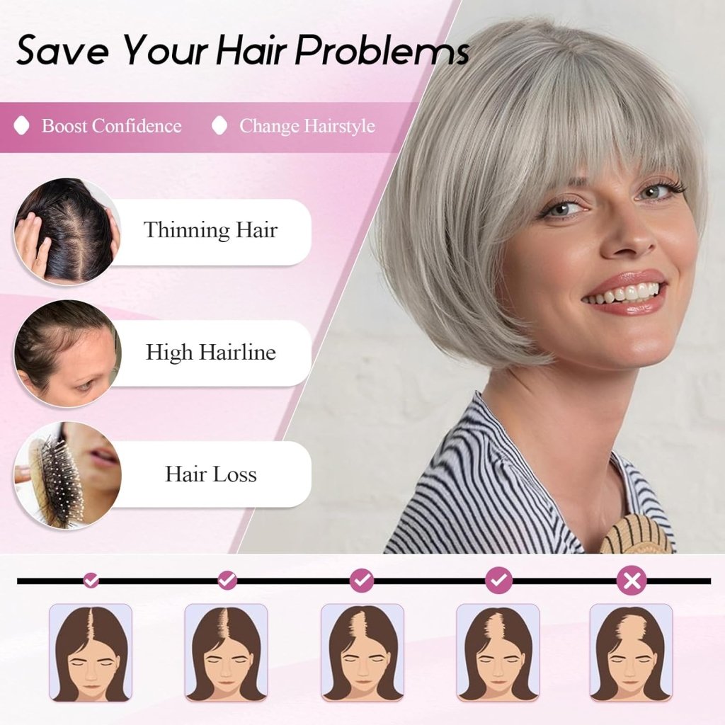 Short Bob Human hair Pieces with Bangs Side Part Hair Toppers for Women with Thinning Hair - Wigtrends