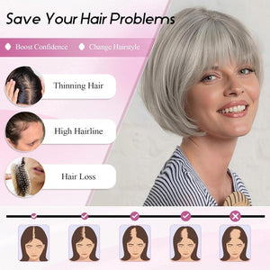Short Bob Human hair Pieces with Bangs Side Part Hair Toppers for Women with Thinning Hair - Wigtrends