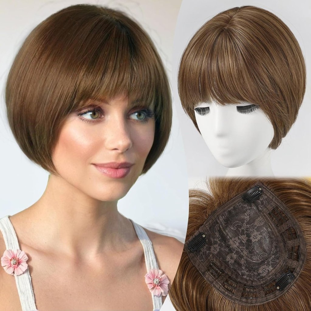 Short Bob Human hair Pieces with Bangs Side Part Hair Toppers for Women with Thinning Hair - Wigtrends