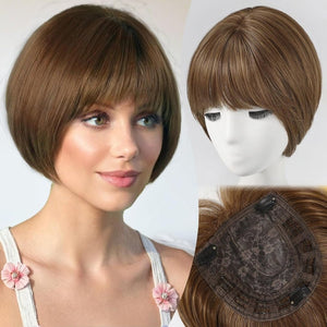 Short Bob Human hair Pieces with Bangs Side Part Hair Toppers for Women with Thinning Hair - Wigtrends
