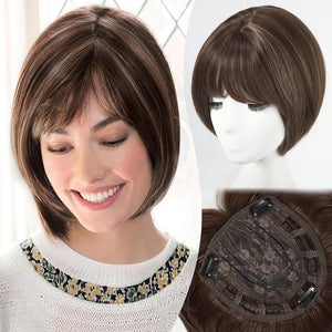Short Bob Human hair Pieces with Bangs Side Part Hair Toppers for Women with Thinning Hair - Wigtrends