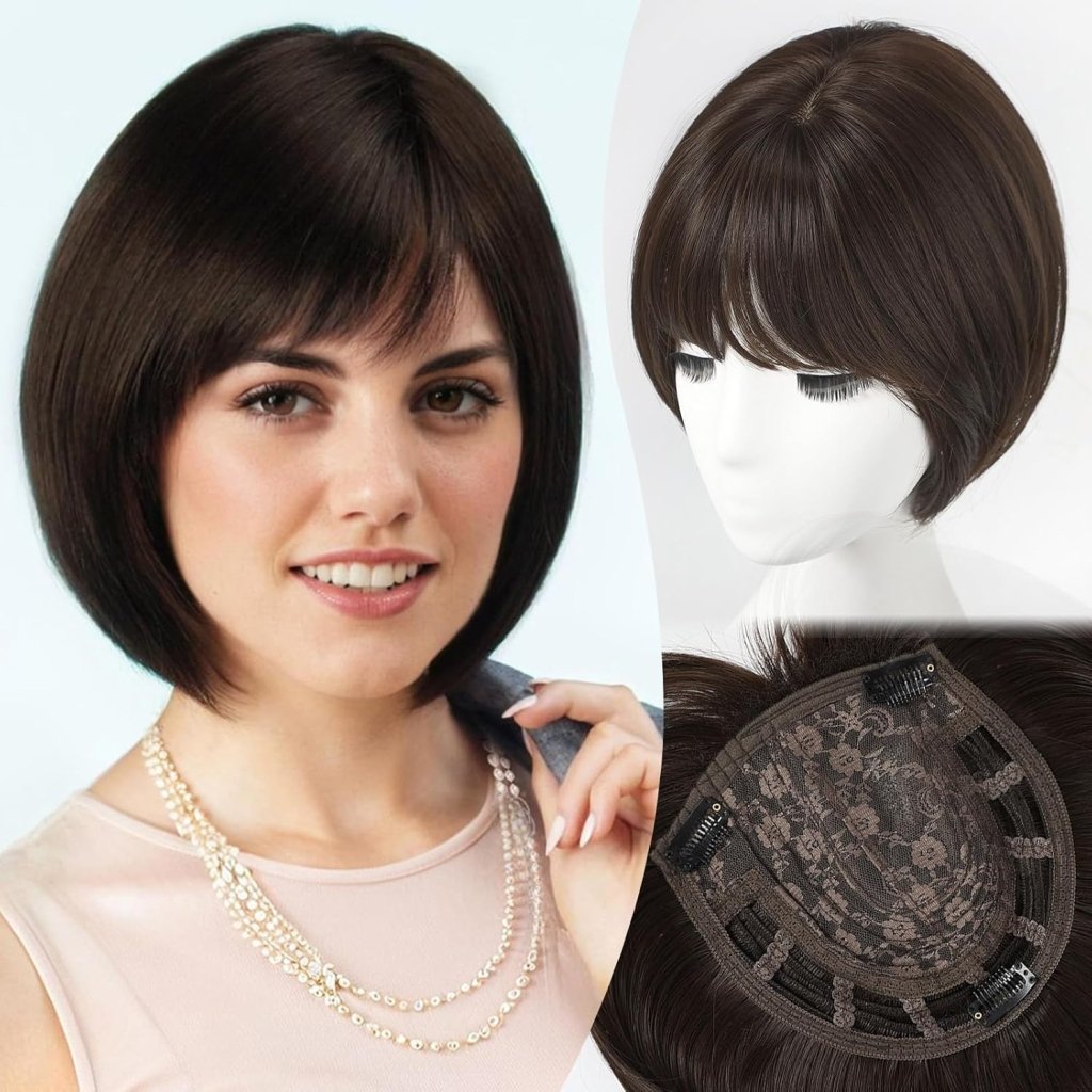 Short Bob Human hair Pieces with Bangs Side Part Hair Toppers for Women with Thinning Hair - Wigtrends