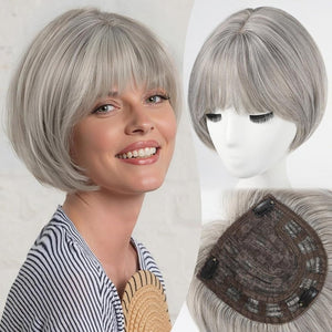 Short Bob Human hair Pieces with Bangs Side Part Hair Toppers for Women with Thinning Hair - Wigtrends