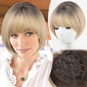 Short Bob Human hair Pieces with Bangs Side Part Hair Toppers for Women with Thinning Hair - Wigtrends