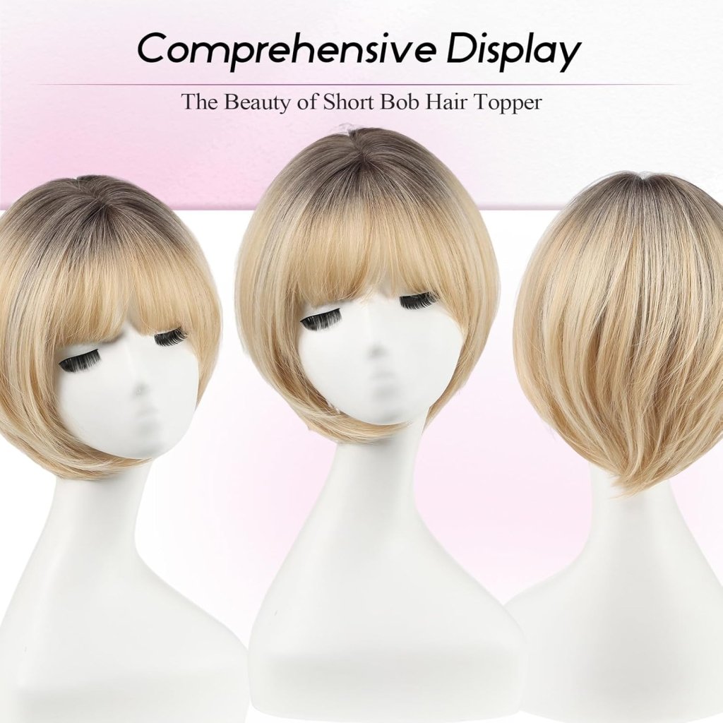 Short Bob Human hair Pieces with Bangs Side Part Hair Toppers for Women with Thinning Hair - Wigtrends