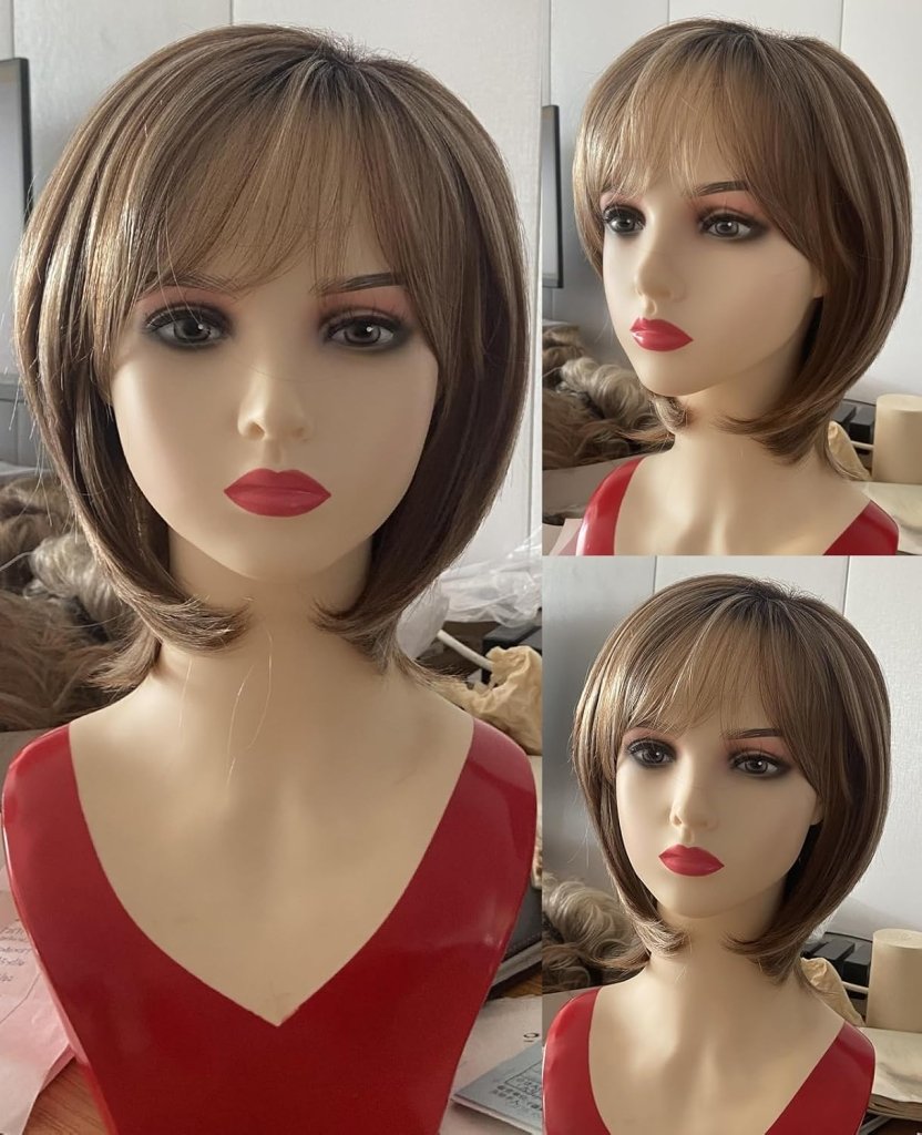 Short Brown Bob Wigs for Women Brown Mixed Blonde Synthetic Wig - Wigtrends