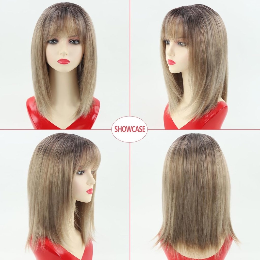 Short Brown Bob Wigs for Women Brown Mixed Blonde Synthetic Wig - Wigtrends