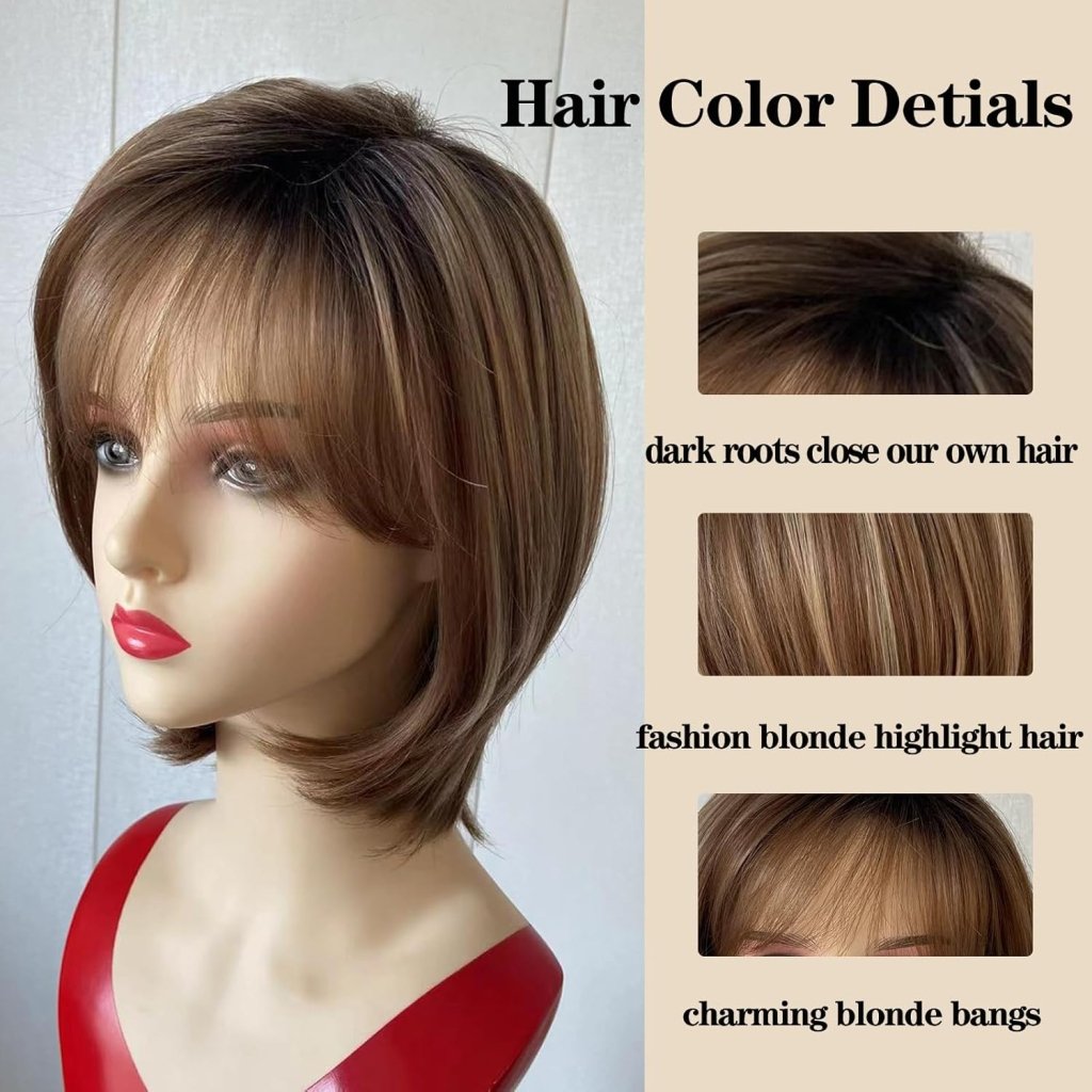 Short Brown Bob Wigs for Women Brown Mixed Blonde Synthetic Wig - Wigtrends