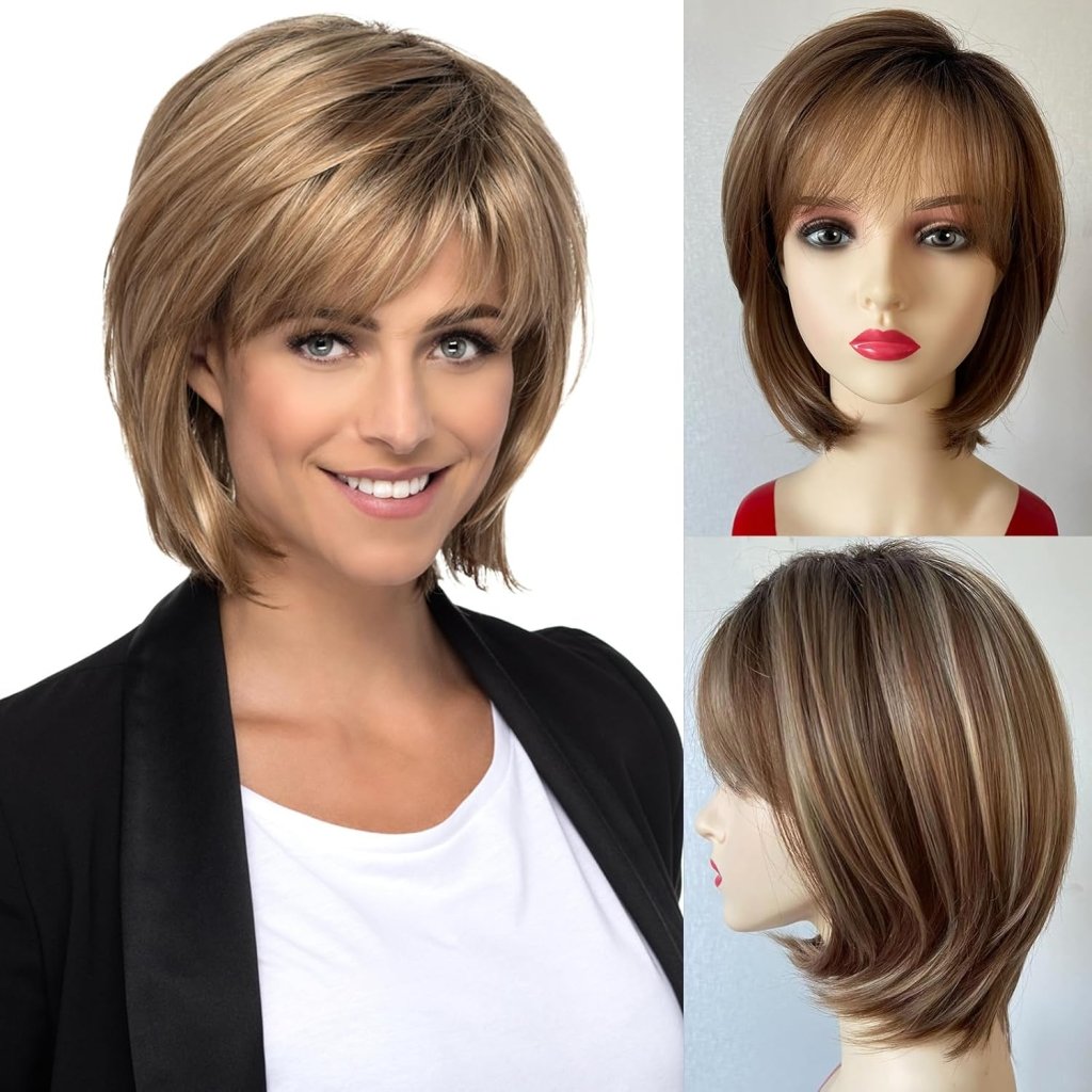 Short Brown Bob Wigs for Women Brown Mixed Blonde Synthetic Wig - Wigtrends