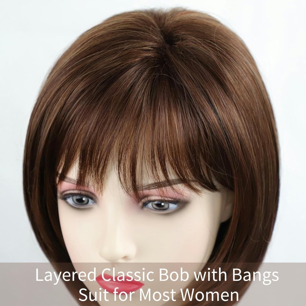 Short Brown Bob Wigs for Women Brown Mixed Blonde Synthetic Wig - Wigtrends