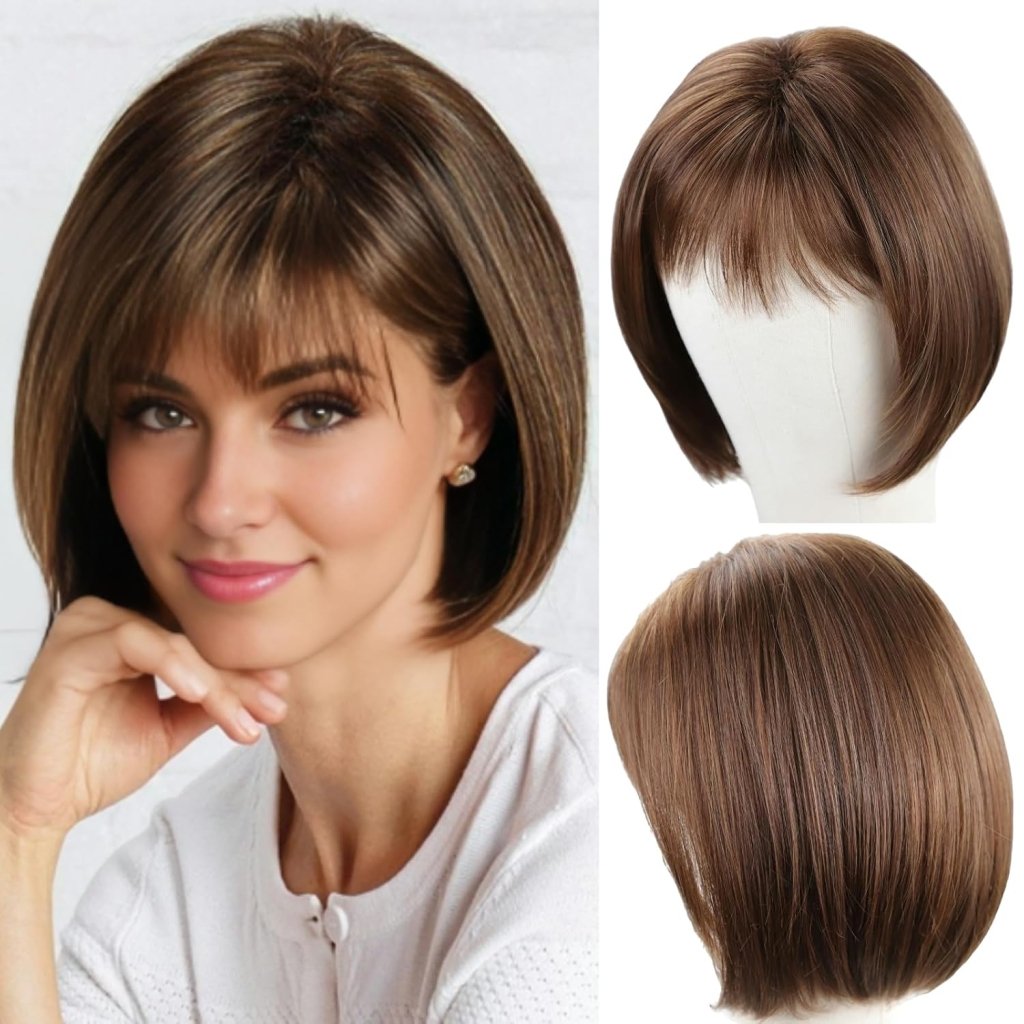 Short Brown Bob Wigs for Women Brown Mixed Blonde Synthetic Wig - Wigtrends