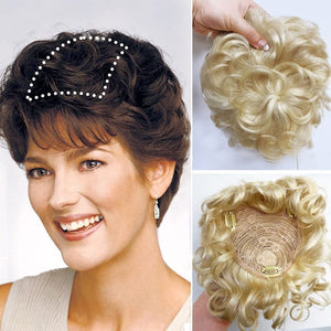 Short Curly Real Human Hair Pieces Topper with Front Bangs for Women Breathable Wiglets Hairpieces 5.1x5.5 Large Coverage - Wigtrends