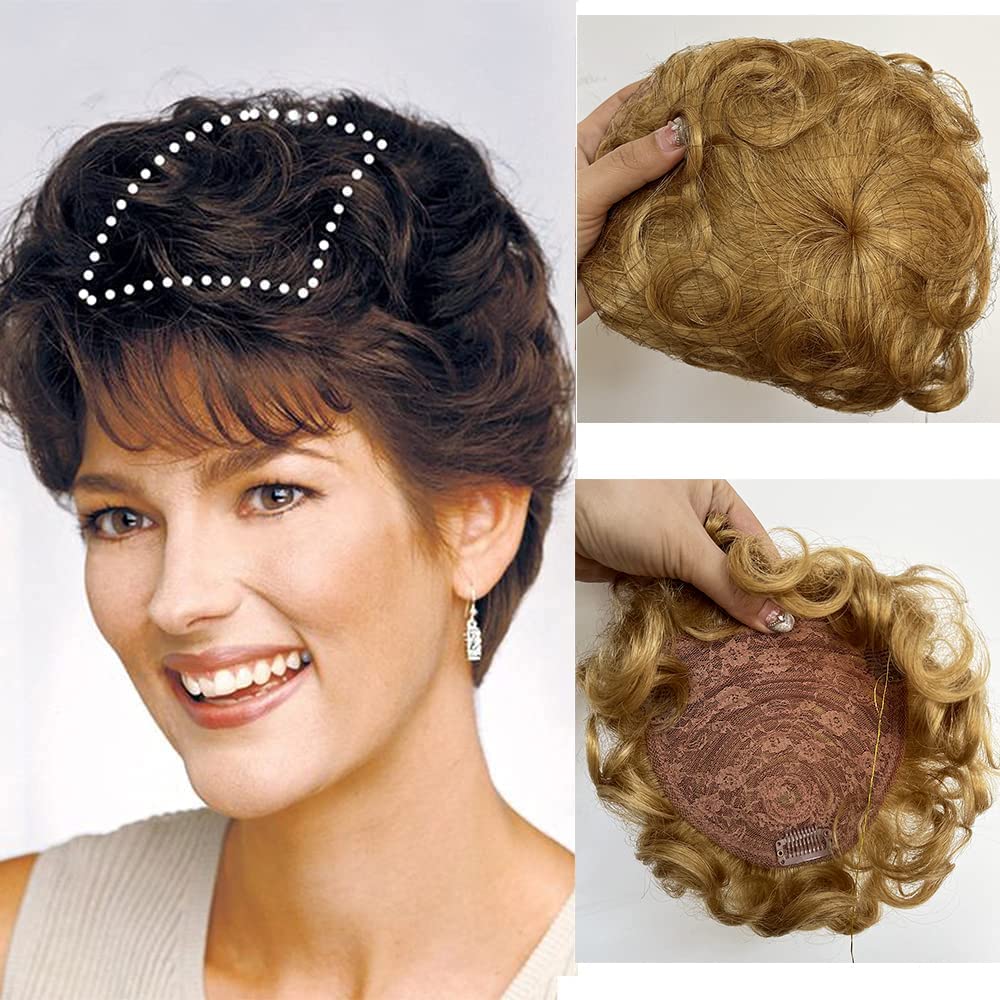 Short Curly Real Human Hair Pieces Topper with Front Bangs for Women Breathable Wiglets Hairpieces 5.1x5.5 Large Coverage - Wigtrends