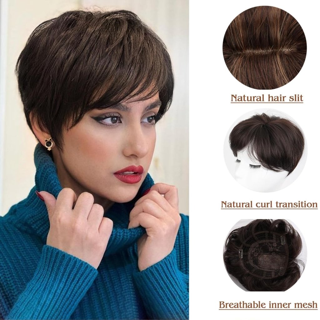 Short Hair Pixie Cut Curly Hair Toppers for Women with Bangs Clip in 100% Human Hair Wigs - Wigtrends