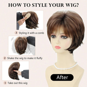 Short Hair Wigs with Bangs Dark Brown Mixed Blonde Pixie Cut Wig for Women Straight Human Hair Wigs - Wigtrends