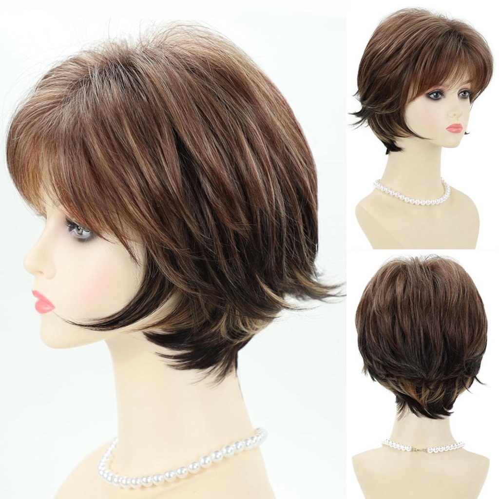Short Hair Wigs with Bangs Dark Brown Mixed Blonde Pixie Cut Wig for Women Straight Human Hair Wigs - Wigtrends
