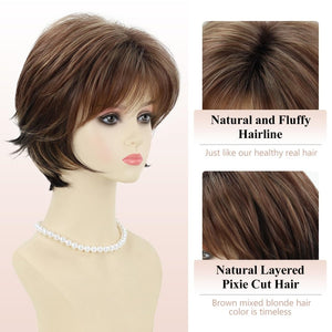 Short Hair Wigs with Bangs Dark Brown Mixed Blonde Pixie Cut Wig for Women Straight Human Hair Wigs - Wigtrends