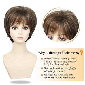 Short Hair Wigs with Bangs Dark Brown Mixed Blonde Pixie Cut Wig for Women Straight Human Hair Wigs - Wigtrends