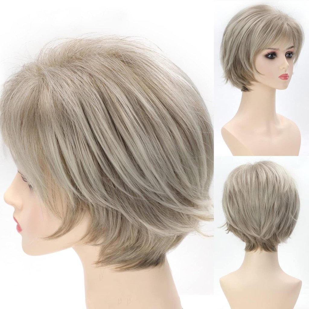 Short Hair Wigs with Bangs Dark Brown Mixed Blonde Pixie Cut Wig for Women Straight Human Hair Wigs - Wigtrends