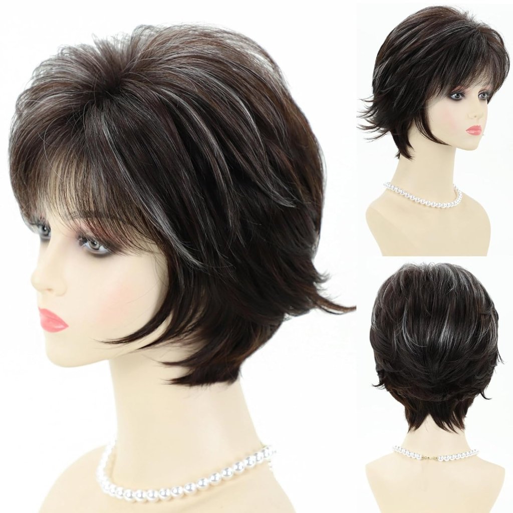 Short Hair Wigs with Bangs Dark Brown Mixed Blonde Pixie Cut Wig for Women Straight Human Hair Wigs - Wigtrends