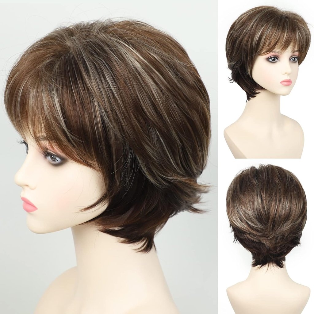 Short Hair Wigs with Bangs Dark Brown Mixed Blonde Pixie Cut Wig for Women Straight Human Hair Wigs - Wigtrends
