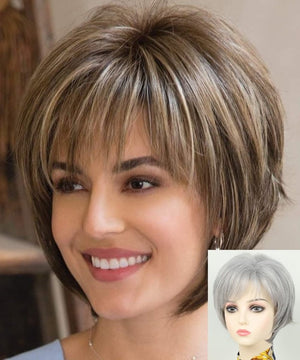 Short Hair Wigs with Bangs Dark Brown Mixed Blonde Pixie Cut Wig for Women Straight Human Hair Wigs - Wigtrends