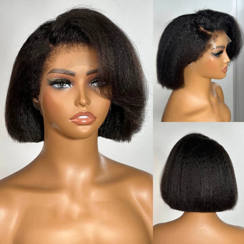 Short Kinky Straight Bob With Side Swept Bangs - Wigtrends