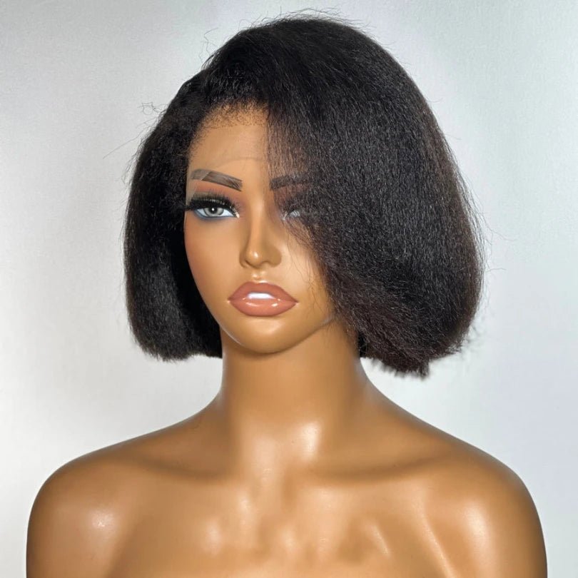 Short Kinky Straight Bob With Side Swept Bangs - Wigtrends