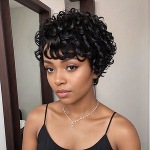 Short Natural Black Glueless Chic Curly Wig With Swept Bangs 100% Human Hair Wigs - Wigtrends
