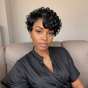 Short Natural Black Glueless Chic Curly Wig With Swept Bangs 100% Human Hair Wigs - Wigtrends