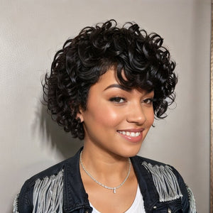 Short Natural Black Glueless Chic Curly Wig With Swept Bangs 100% Human Hair Wigs - Wigtrends