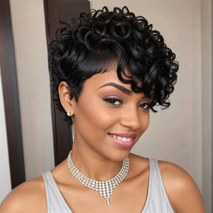 Short Natural Black Glueless Chic Curly Wig With Swept Bangs 100% Human Hair Wigs - Wigtrends