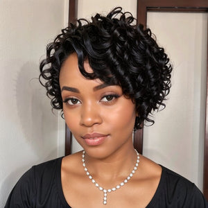 Short Natural Black Glueless Chic Curly Wig With Swept Bangs 100% Human Hair Wigs - Wigtrends