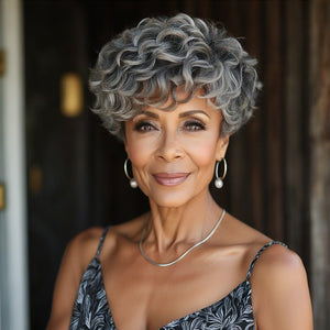 Short Tapered Pixie Haircuts Salt and Pepper Color Natural Wave Human Hair Glueless Wigs for Older Women - Wigtrends