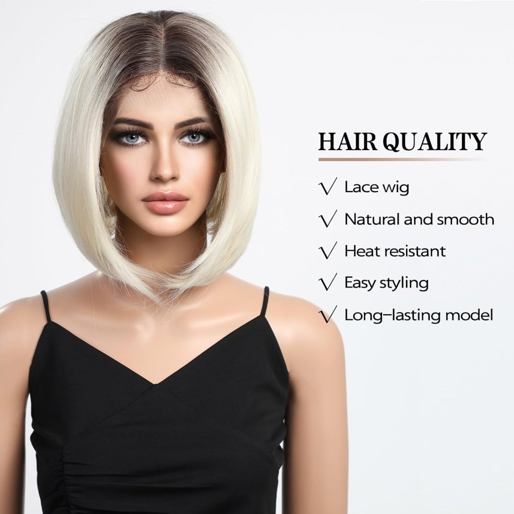 Side Parting Short Bob Sliver Mix White Lace Front Hair Natural Glueless Wig - Wigtrends