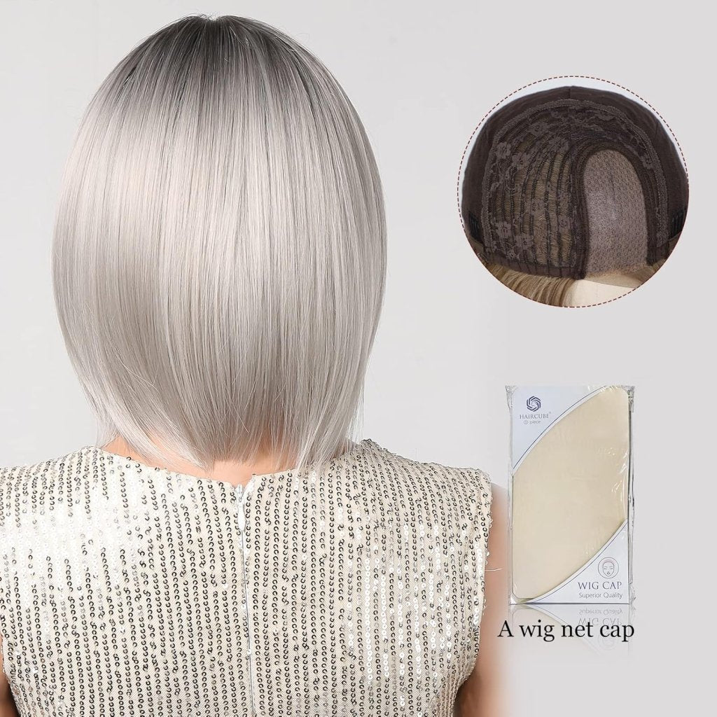 Side Parting Short Bob Sliver Mix White Lace Front Hair Natural Glueless Wig - Wigtrends